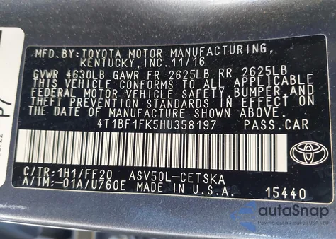 2017 Toyota Camry Se из США, поврежденный, VIN 4T1BF1FK5HU358197